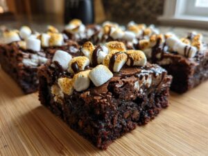 Close-up of fudgy hot chocolate brownies topped with toasted marshmallows and chocolate drizzle.