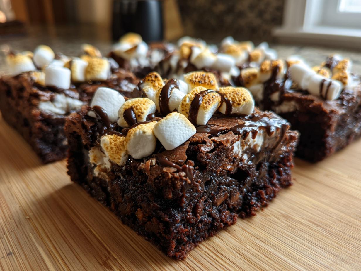 Close-up of fudgy hot chocolate brownies topped with toasted marshmallows and chocolate drizzle.