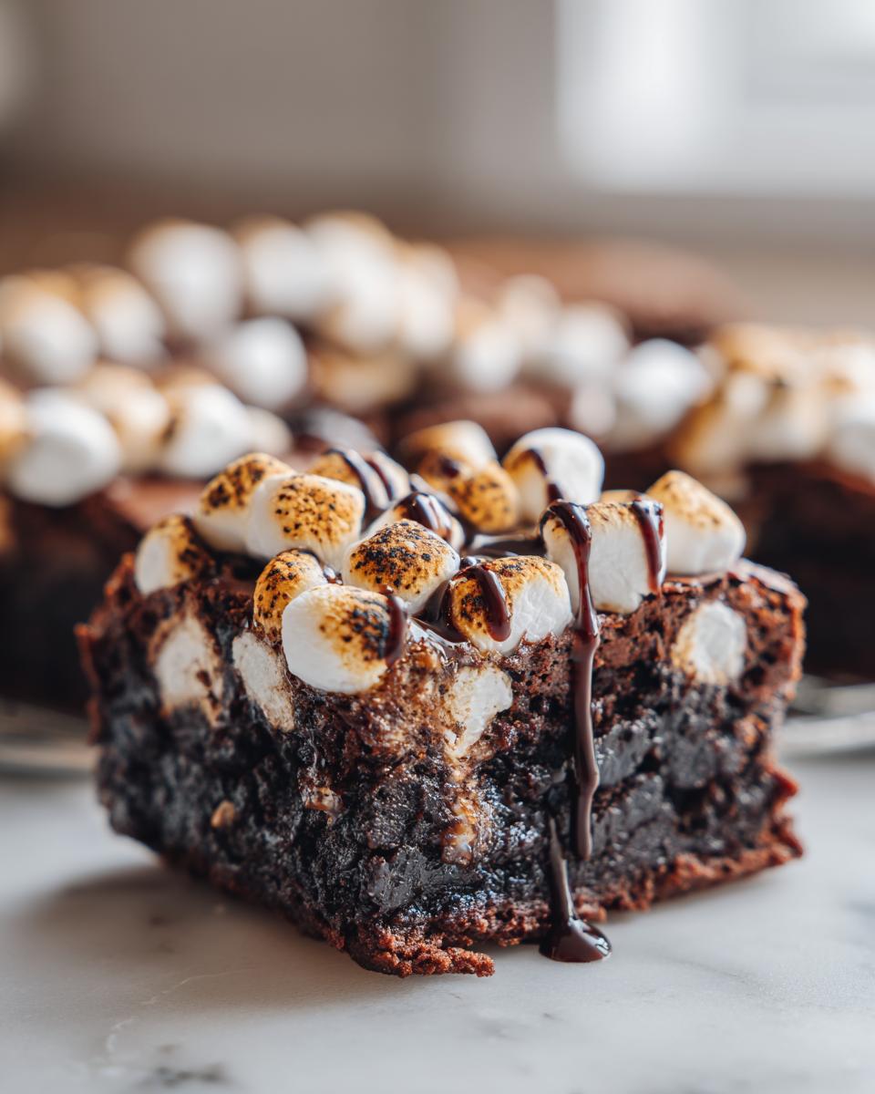 Close-up of a fudgy hot chocolate brownie topped with toasted marshmallows and chocolate drizzle.