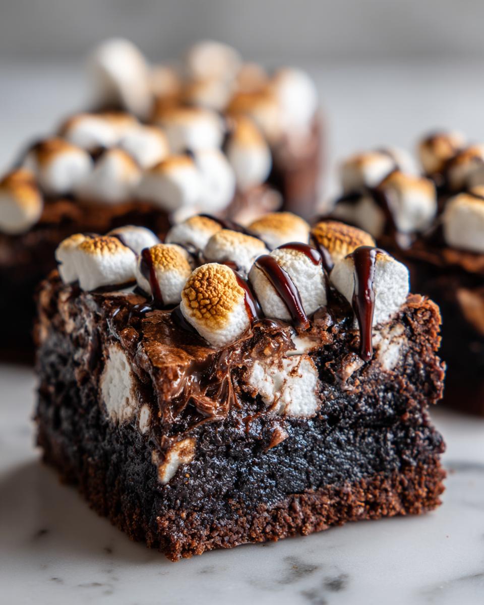 Close-up of a fudgy hot chocolate brownie square topped with toasted marshmallows and chocolate drizzle.