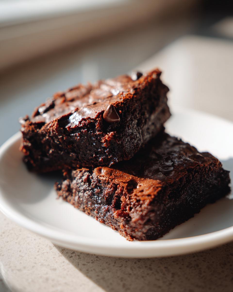 Two rich, fudgy sweet potato brownies stacked slightly on a white plate, topped with chocolate chips.