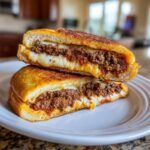 A grilled sandwich, resembling garbage bread, cut in half showing melted cheese and savory ground meat filling.