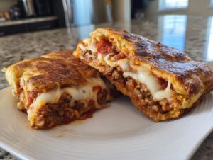 Two halves of golden-brown garbage bread stuffed with meat sauce and melted mozzarella cheese, served on a white plate.