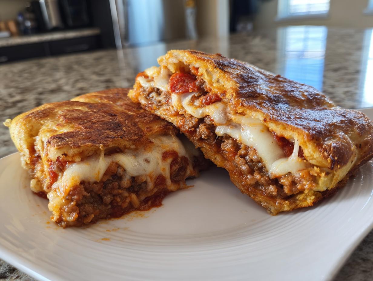 Two halves of golden-brown garbage bread stuffed with meat sauce and melted mozzarella cheese, served on a white plate.