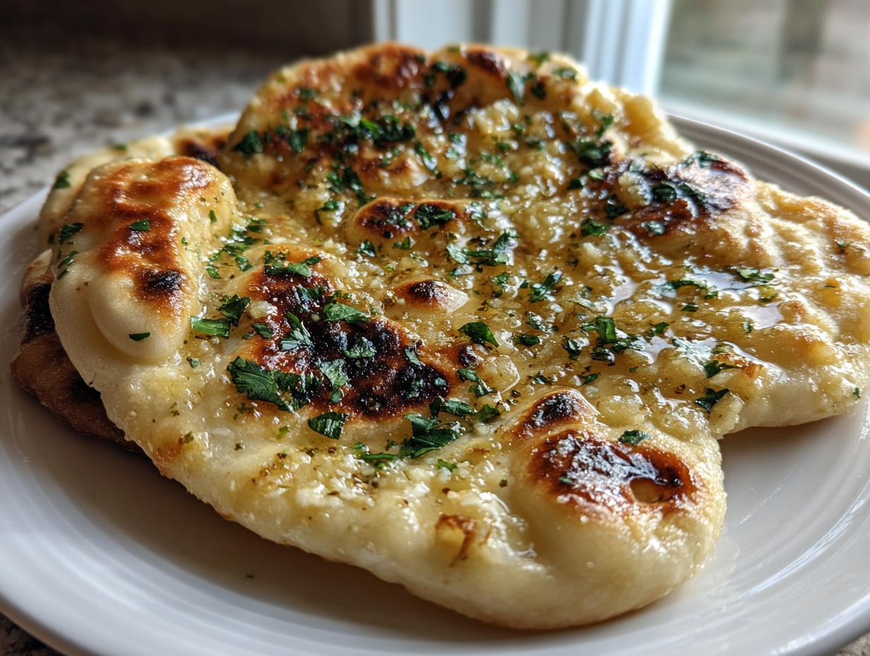Close-up of freshly baked, fluffy naan bread brushed with melted garlic butter and topped with fresh parsley.