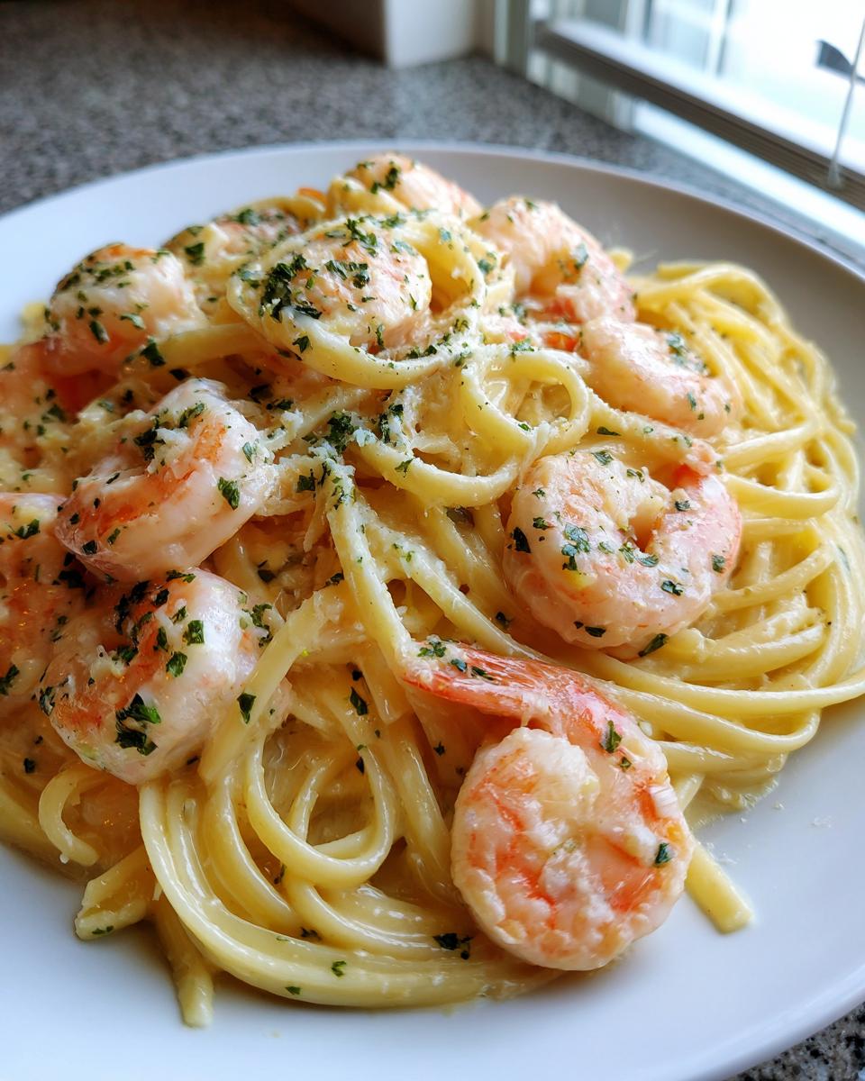 A close-up of creamy garlic butter shrimp pasta topped with fresh parsley and Parmesan cheese.