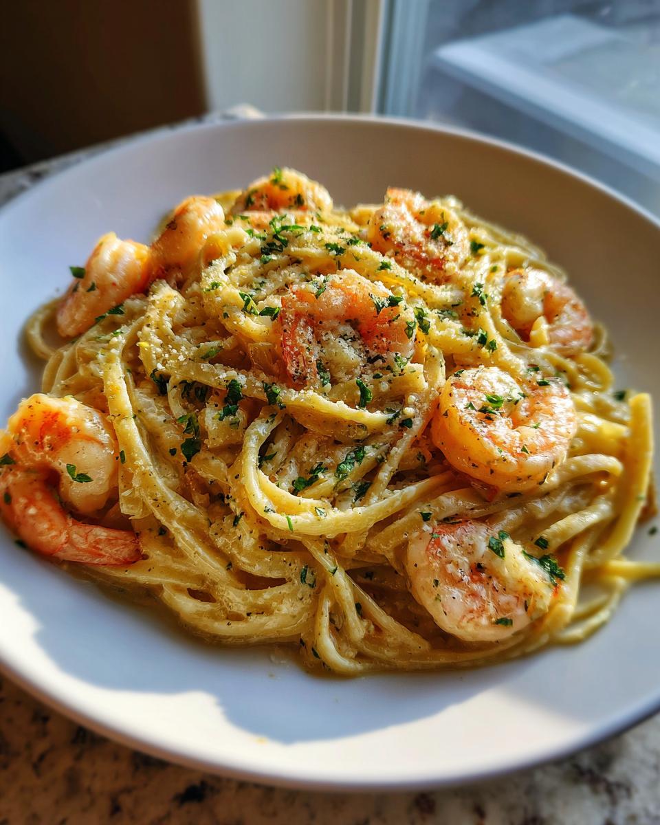 A close-up of a white bowl filled with creamy garlic butter shrimp pasta, garnished with Parmesan and fresh parsley.