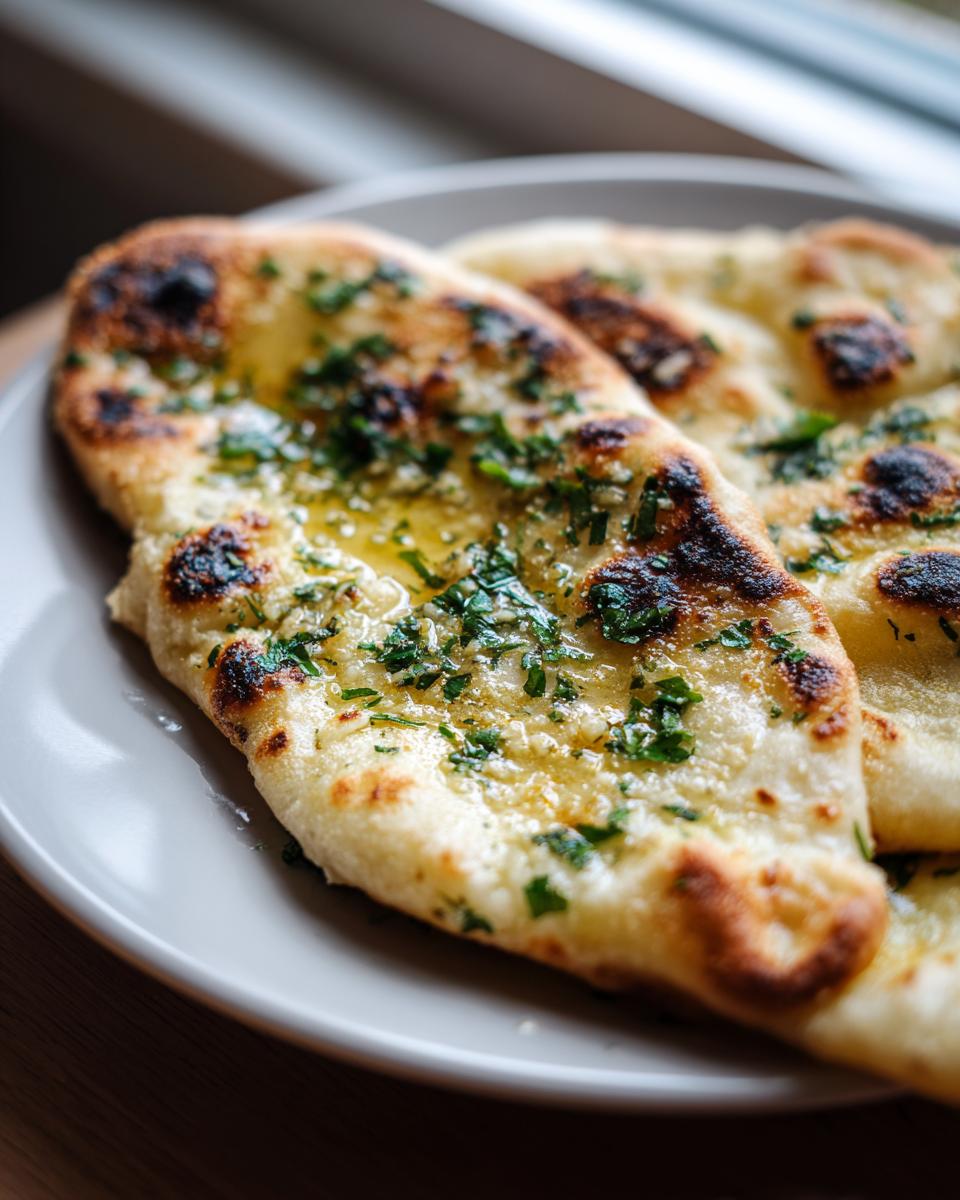 Close-up of warm, charred naan bread brushed with melted butter and fresh chopped cilantro or parsley.