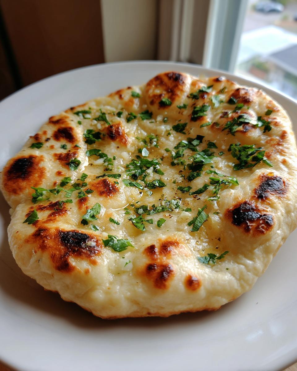 A close-up of a fluffy, freshly baked naan bread brushed with garlic butter and topped with fresh cilantro.