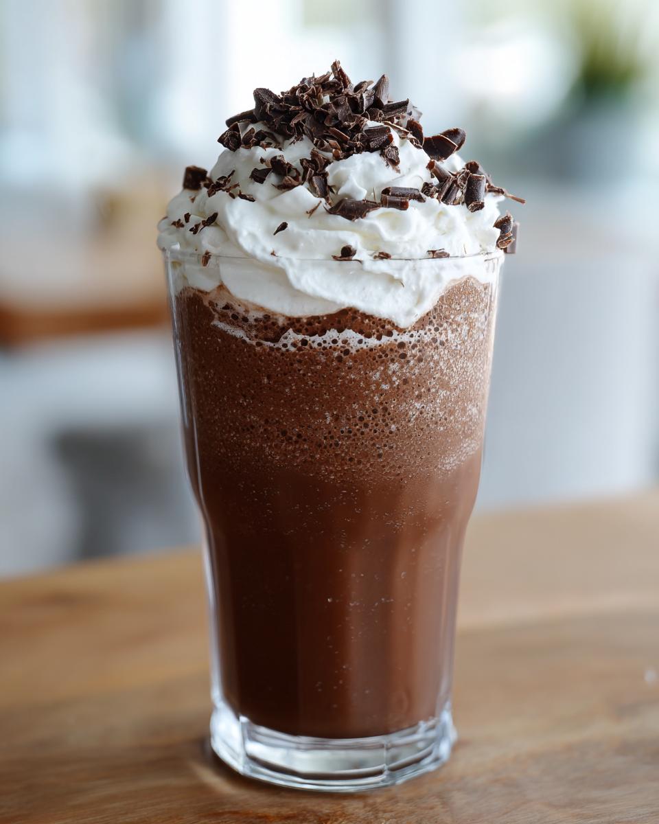 A tall glass filled with blended frozen hot chocolate, topped high with whipped cream and chocolate shavings.