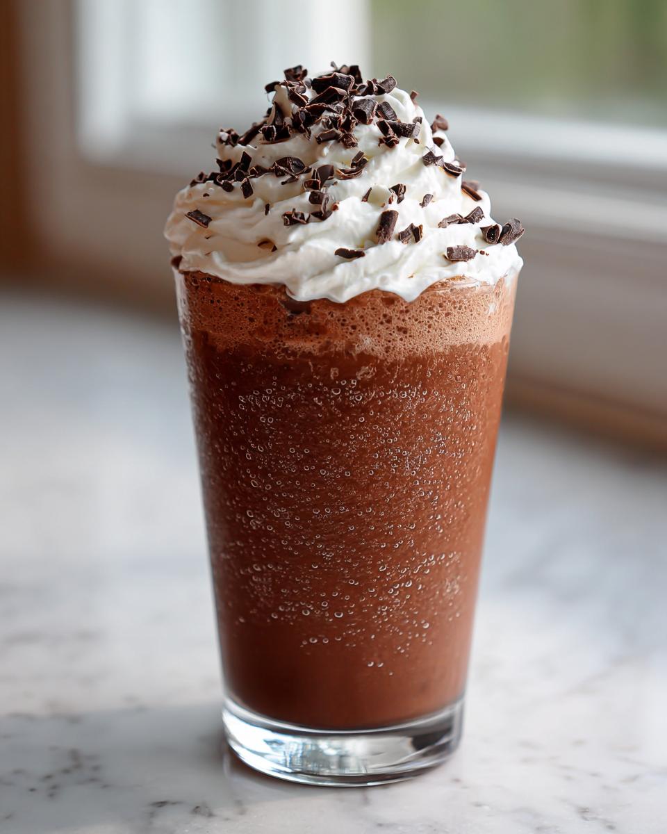 A tall glass filled with rich, blended frozen hot chocolate topped with whipped cream and chocolate shavings.