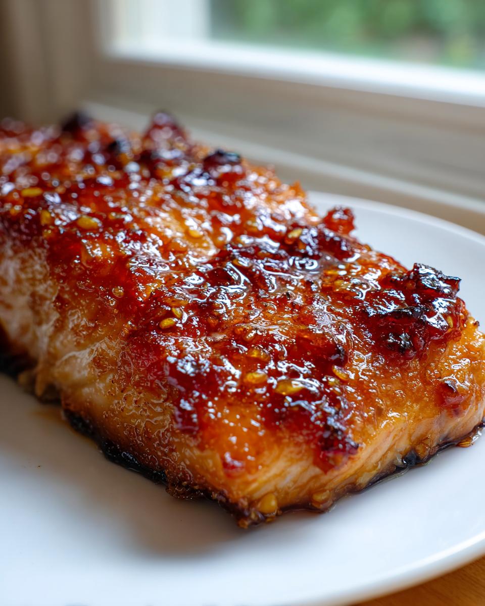 Close-up of a perfectly cooked air fryer salmon fillet with a thick, glossy, caramelized glaze.