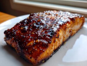Close-up of a perfectly cooked, flaky air fryer salmon fillet with a thick, dark, glossy glaze.