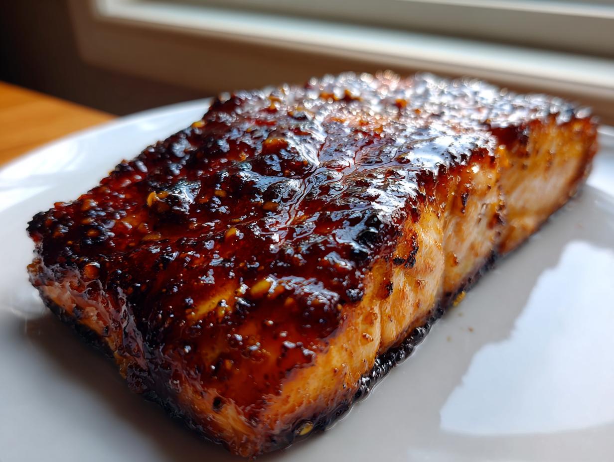 Close-up of a perfectly cooked, flaky air fryer salmon fillet with a thick, dark, glossy glaze.