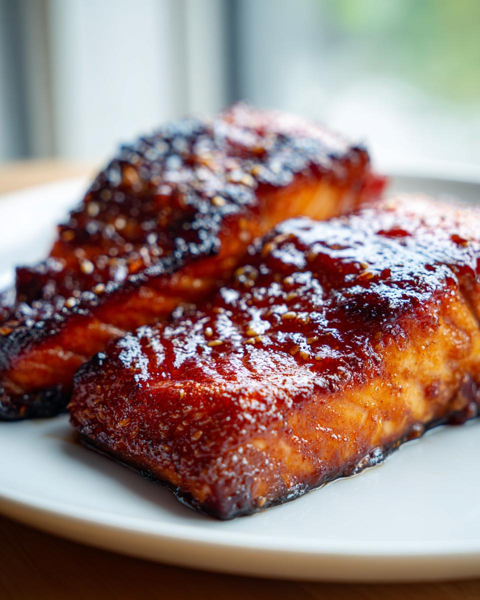 Close-up of two perfectly cooked, glazed air fryer salmon fillets with a dark, shiny coating.
