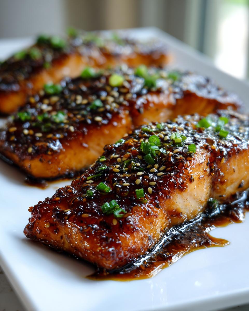 Close-up of three glazed fillets of air fryer salmon topped with sesame seeds and green onions.