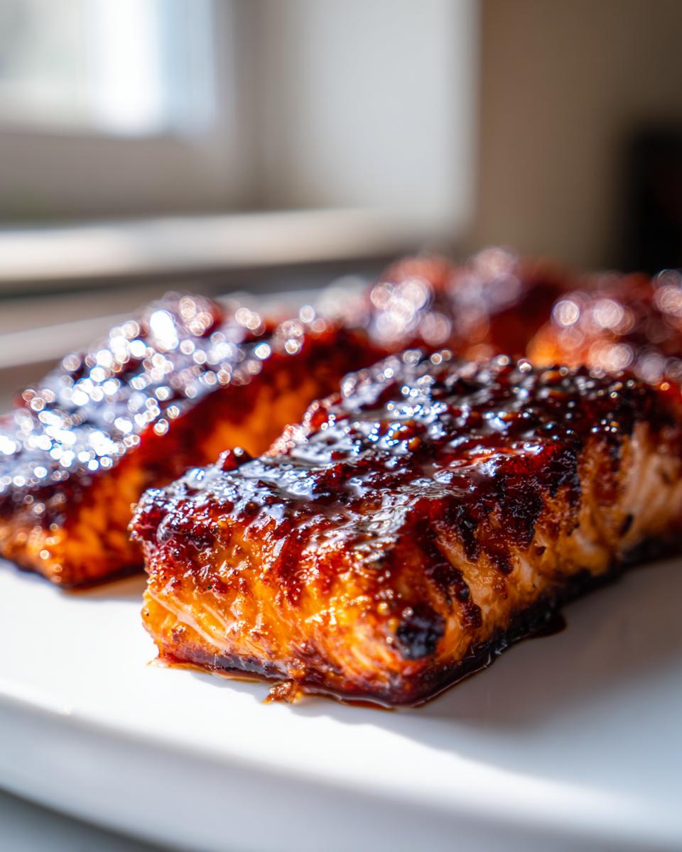 Close-up of two flaky, glazed air fryer salmon fillets resting on a white plate, glistening under bright light.