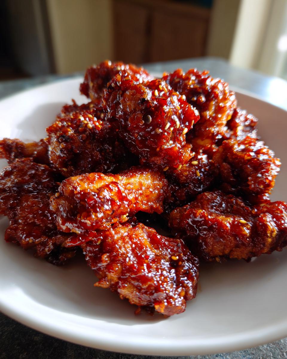 Close-up of crispy korean fried chicken pieces coated in a thick, glossy, dark red sweet and spicy glaze, sprinkled with sesame seeds.