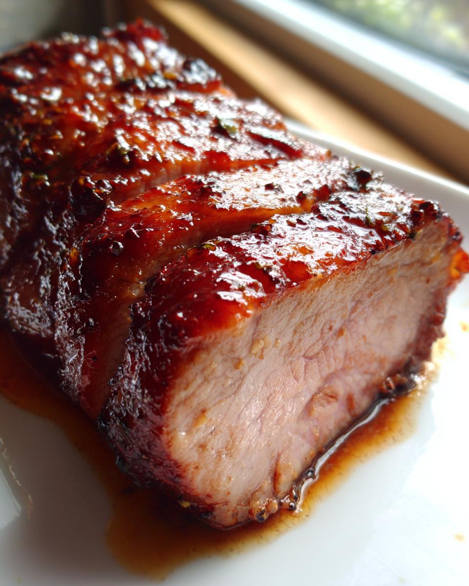 Close-up of a juicy, glazed pork tenderloin recipe, showing the caramelized exterior and moist interior.
