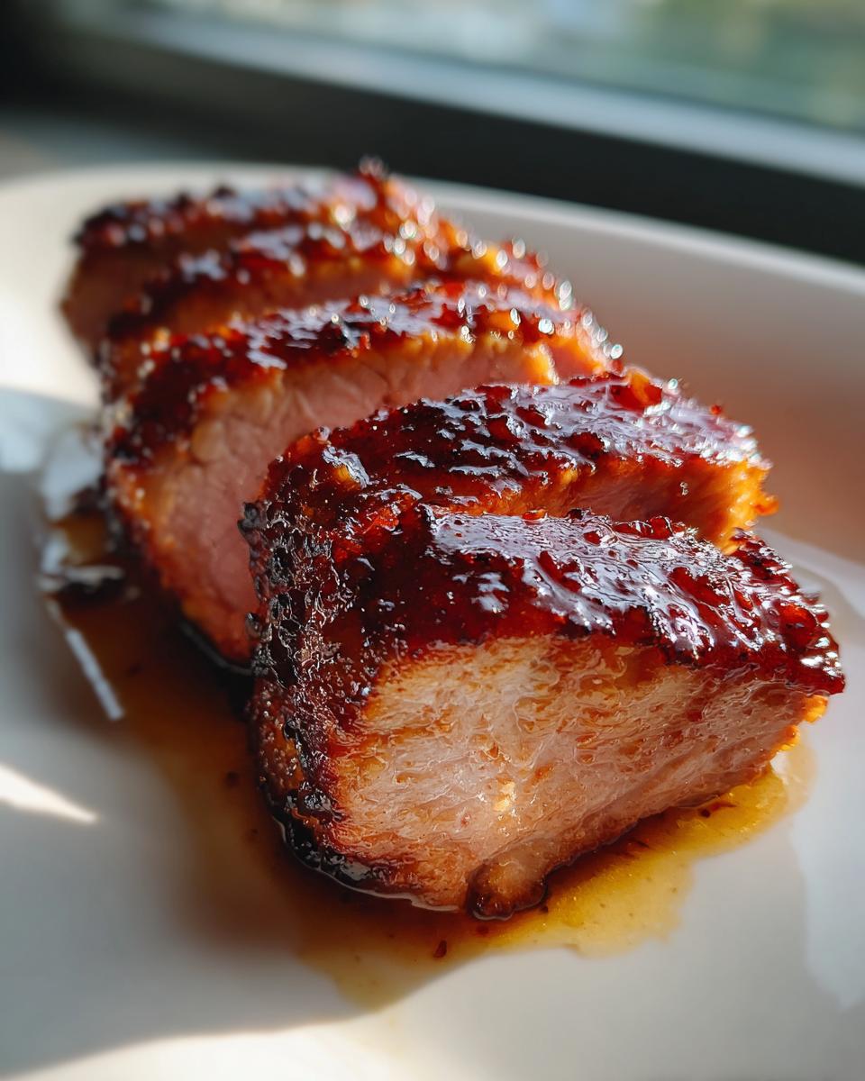 Close-up of three thick slices of juicy pork tenderloin recipe with a dark, shiny glaze resting on a white plate.