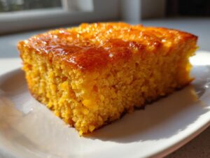 Close-up of a moist, orange slice of sweet potato cornbread with a shiny glaze, sitting on a white plate.