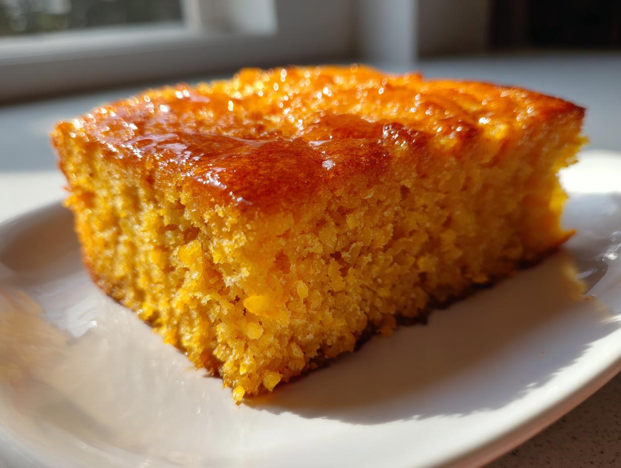 Close-up of a moist, orange slice of sweet potato cornbread with a shiny glaze, sitting on a white plate.