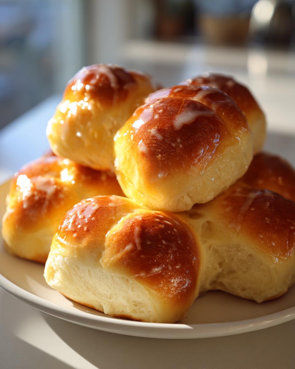 A stack of freshly baked, golden-brown sweet rolls topped with a thin white glaze, ready to eat.