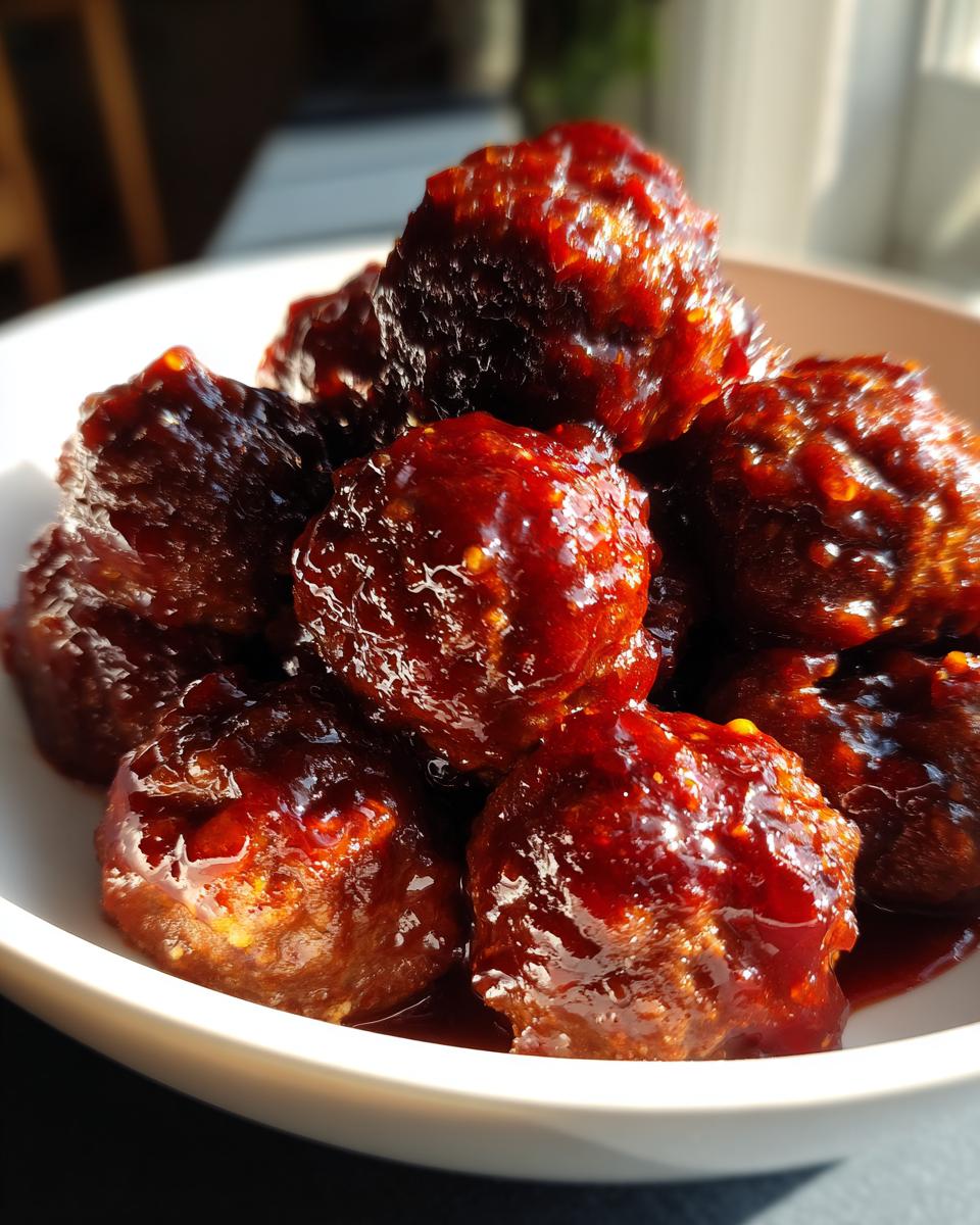 A close-up of several glossy cranberry meatballs piled high in a white bowl, coated in a thick, dark red sauce.