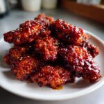 A pile of crispy korean fried chicken pieces coated in a thick, glossy, dark red sweet and spicy sauce and sprinkled with sesame seeds.