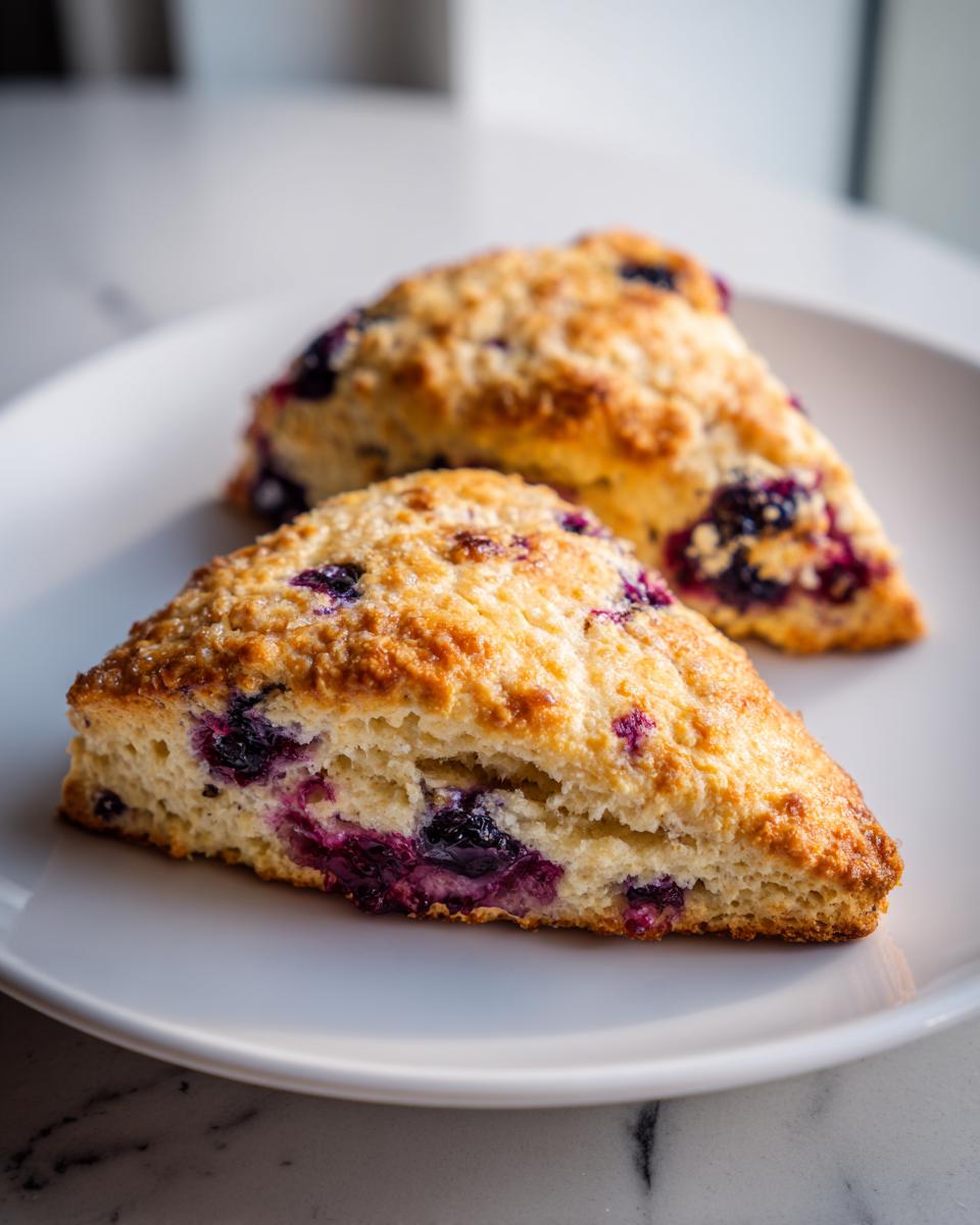 Two freshly baked, golden brown blueberry scones with visible bursts of purple blueberries, served on a white plate.
