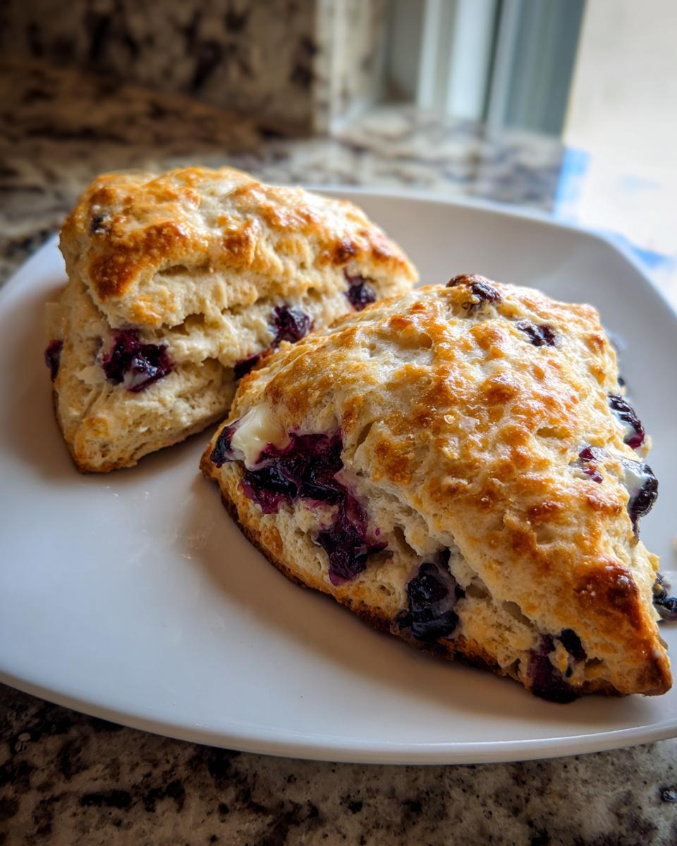 Two freshly baked, golden-brown blueberry scones with visible purple filling, served on a white plate.