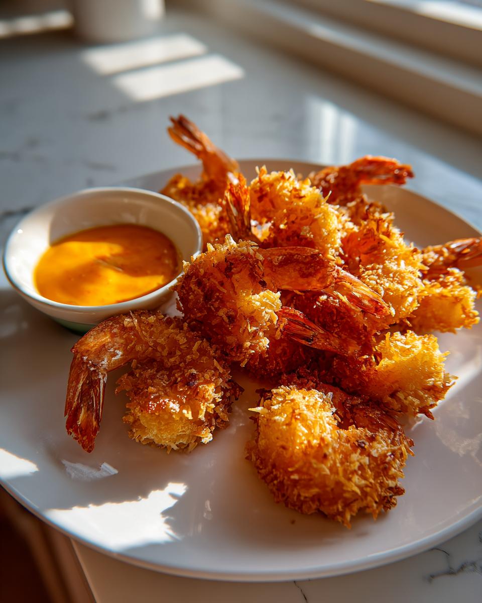 A plate of crispy, golden brown coconut shrimp served with a small bowl of orange dipping sauce.