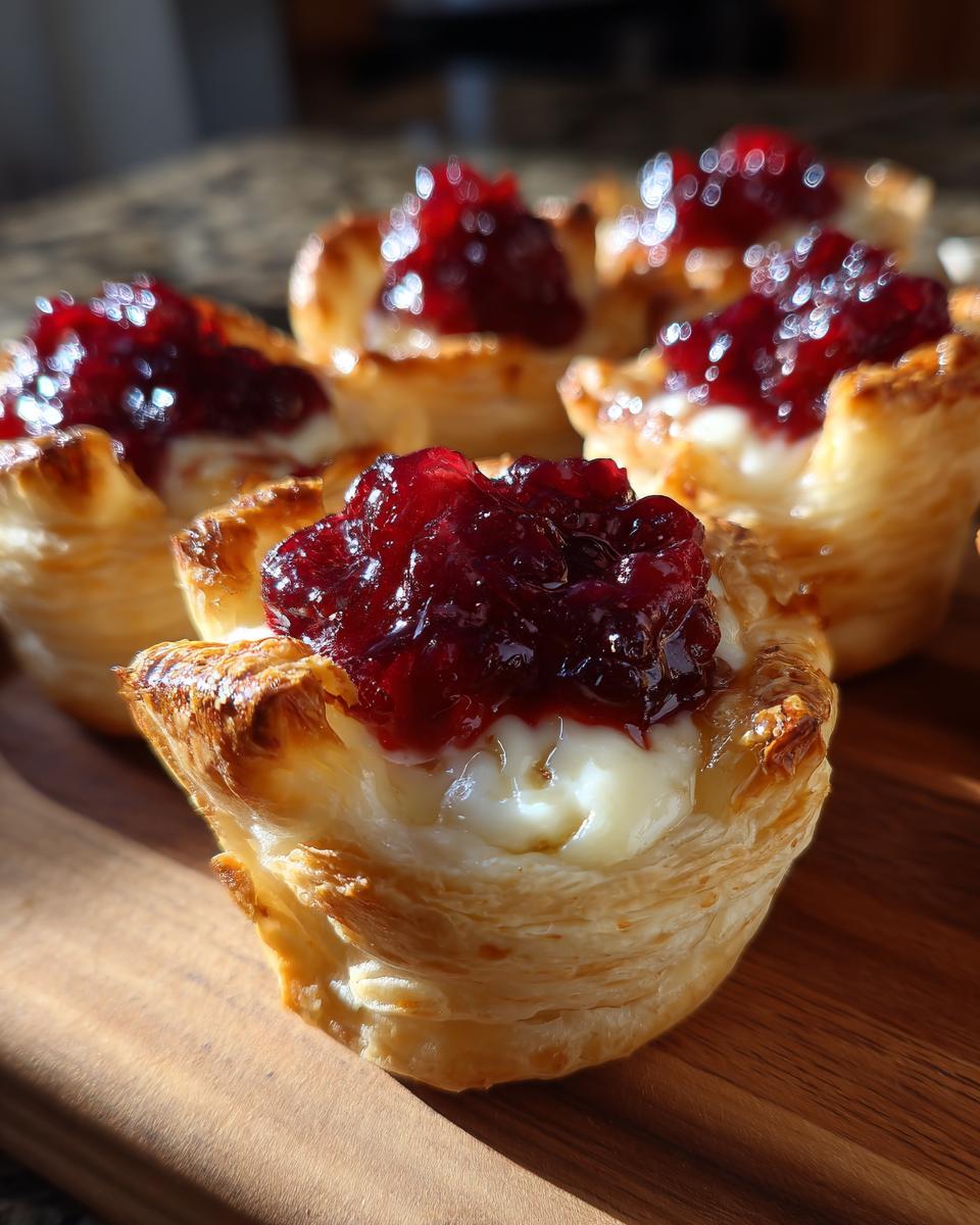 Close-up of golden baked cranberry brie bites featuring melted brie and tart cranberry topping in flaky pastry.