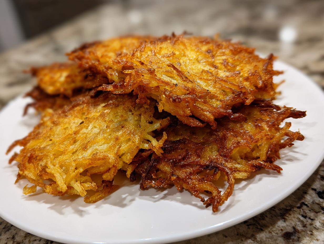 A close-up of several crispy, golden brown potato latkes stacked on a white plate.