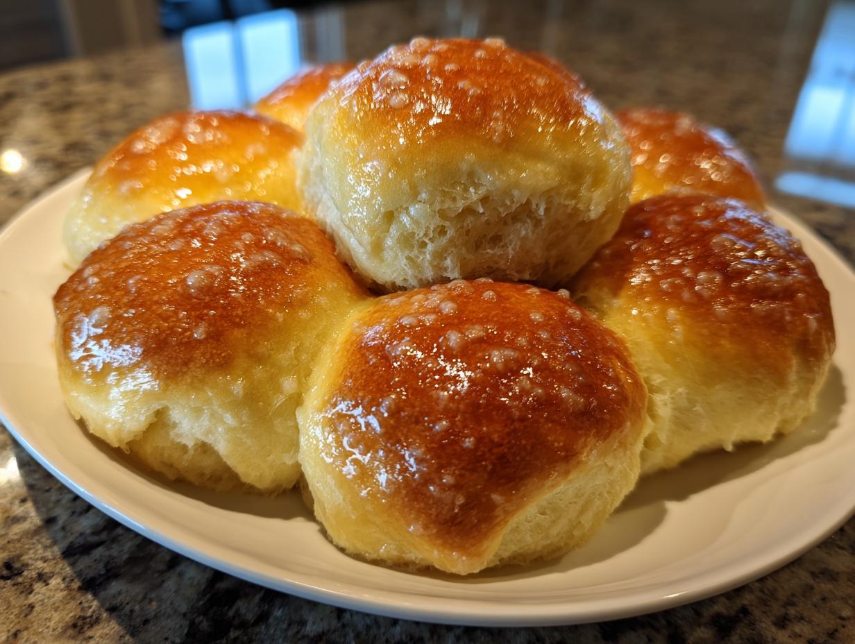 A cluster of soft, golden brown dinner rolls brushed with a glistening glaze, served on a white plate.
