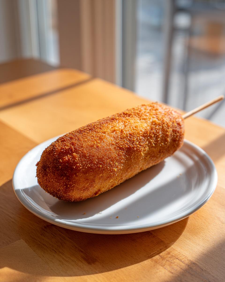 A perfectly golden brown, freshly fried homemade corn dog resting on a small white plate.