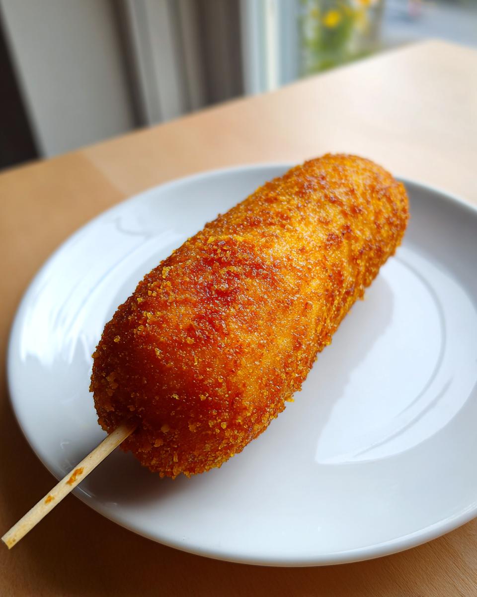 A close-up of a perfectly fried, golden brown homemade corn dogs on a stick, resting on a white plate.