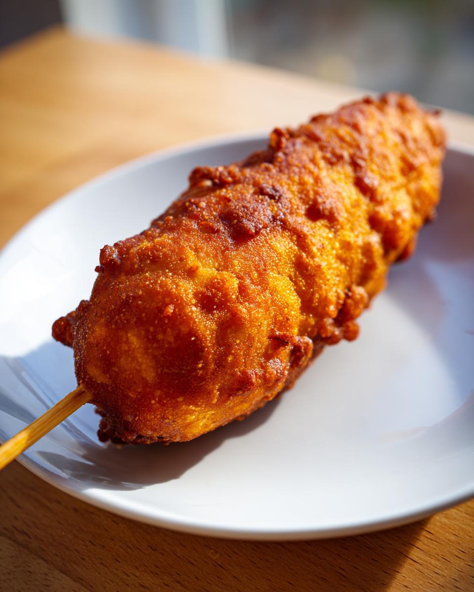 Close-up of a crispy, golden brown homemade corn dogs on a wooden stick, resting on a white plate.