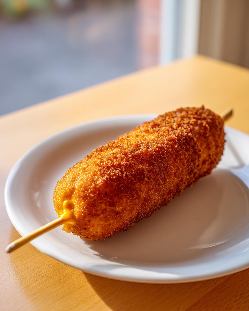 A perfectly fried, golden brown homemade corn dogs served on a small white plate, ready to eat.