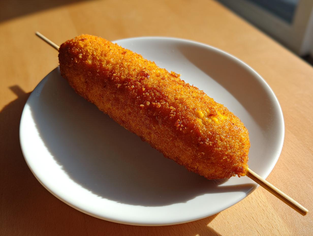 A perfectly golden brown, freshly fried homemade corn dog served on a small white plate.