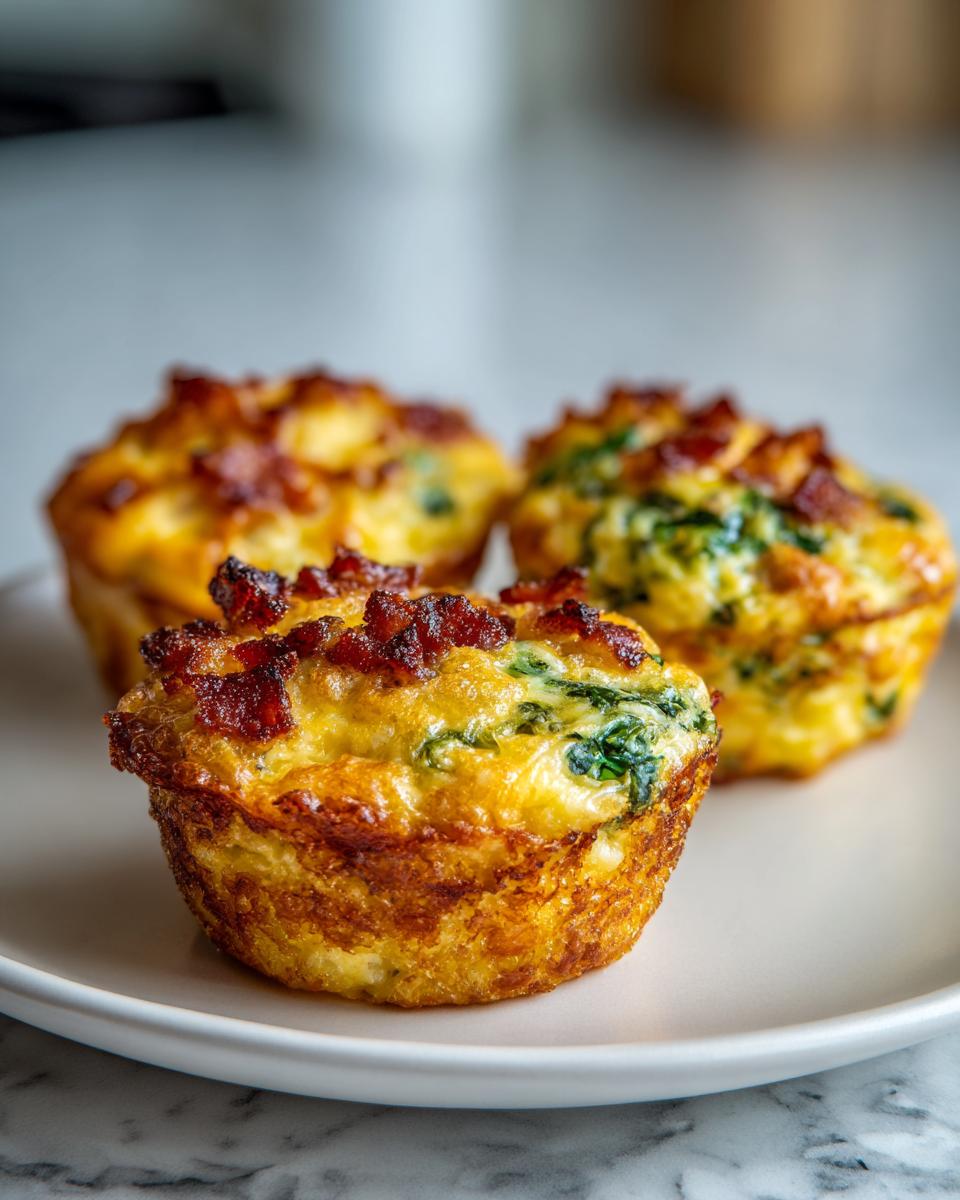Three golden brown mini quiche muffins topped with crispy bacon pieces, sitting on a white plate.