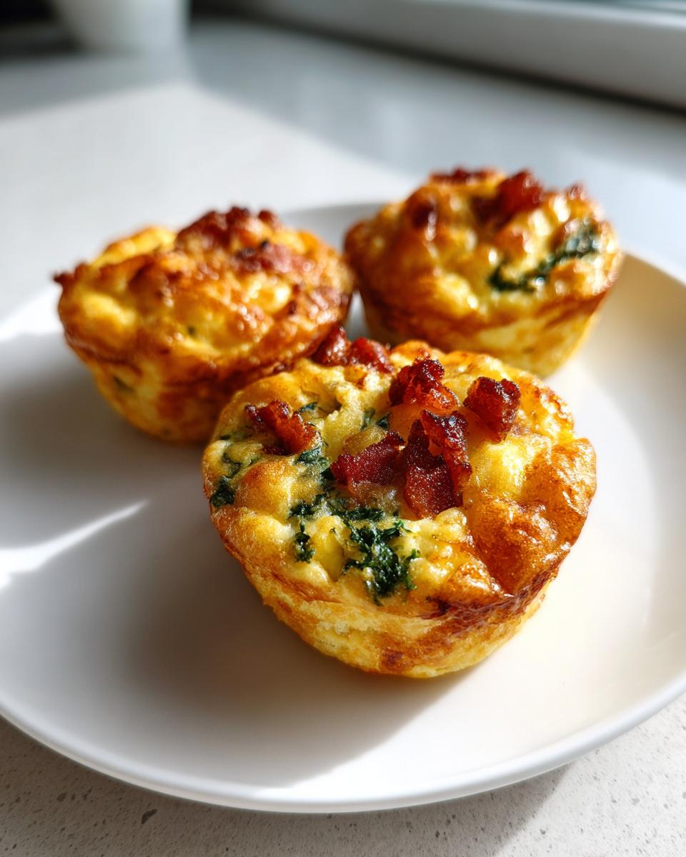 Three golden brown mini quiche muffins topped with crispy bacon pieces, served on a white plate.