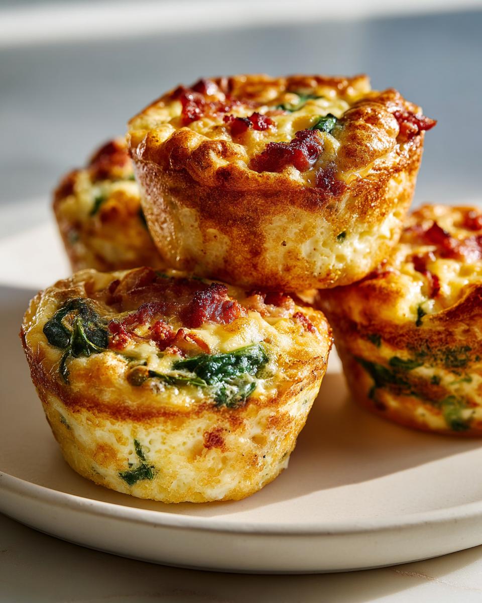 A stack of four golden brown mini quiche muffins featuring visible spinach and bacon pieces.