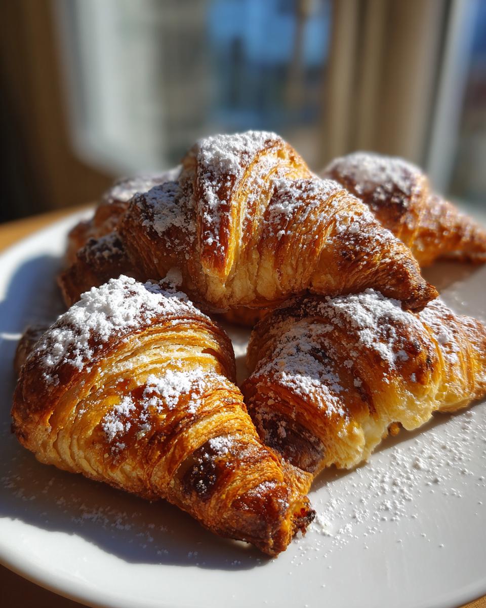 A pile of golden brown, flaky Rugelach pastries generously dusted with white powdered sugar on a white plate.