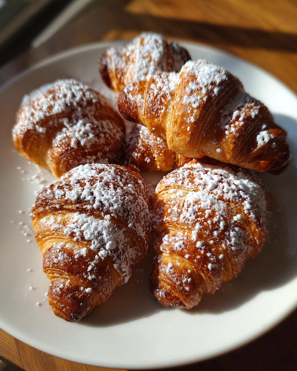 Five golden brown, flaky pastries, resembling small croissants, dusted heavily with powdered sugar, likely representing the low-calorie Rugelach.