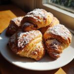 A pile of golden brown Rugelach pastries generously dusted with white powdered sugar on a white plate.