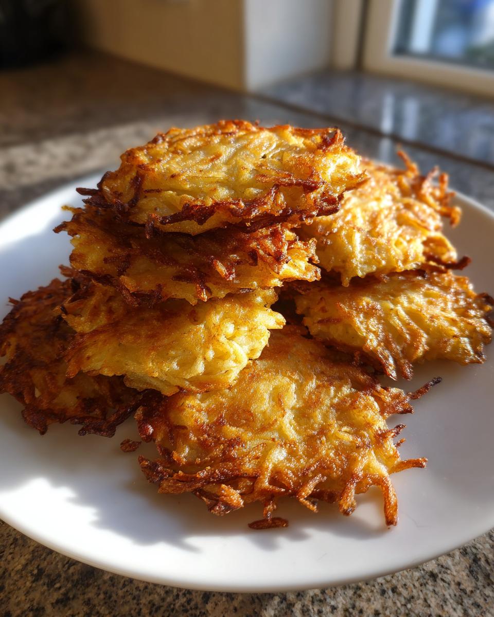 A stack of freshly fried, golden brown Potato Latkes piled high on a white plate.