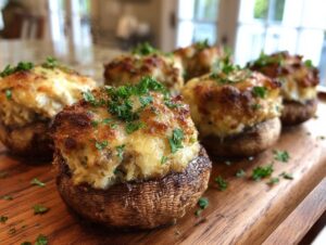 Close-up of several golden brown stuffed mushrooms recipe appetizers garnished with fresh parsley on a wooden board.