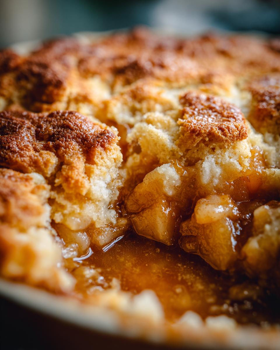 Close-up of a scoop taken out of a warm apple cobbler, showing bubbling, syrupy apple filling beneath a golden, crumbly topping.