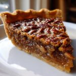 Close-up of a gooey slice of amazing pecan pie with a flaky crust, sitting on a white plate.